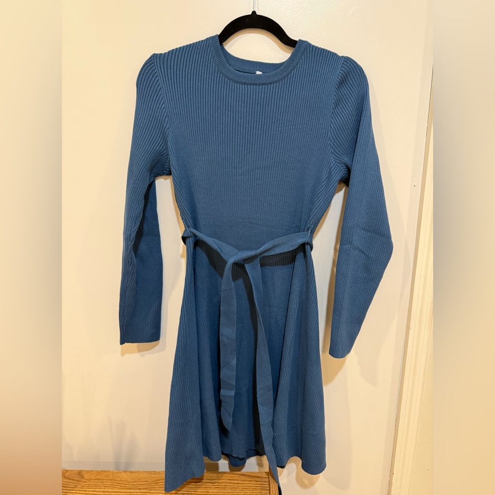 Blue Ribbed Knit Dress with Belt
